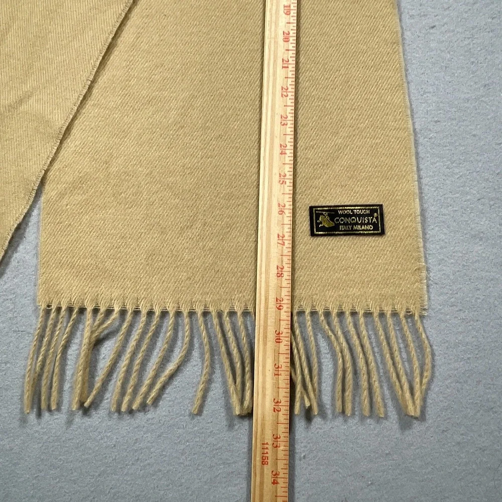 Conquista Scarf Women Wool Touch Fringed Edge Tan Beige Italy Minimalist